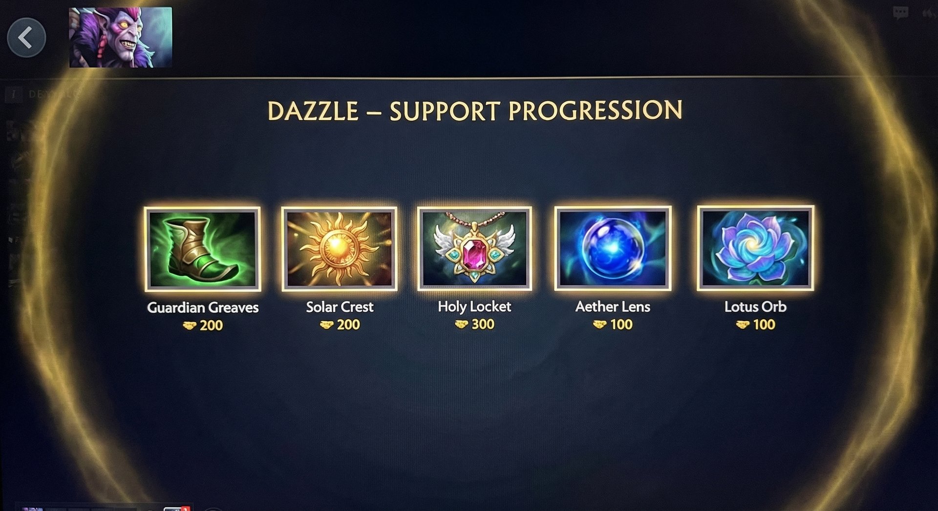 Dazzle item build progression showing Guardian Greaves Solar Crest and support items