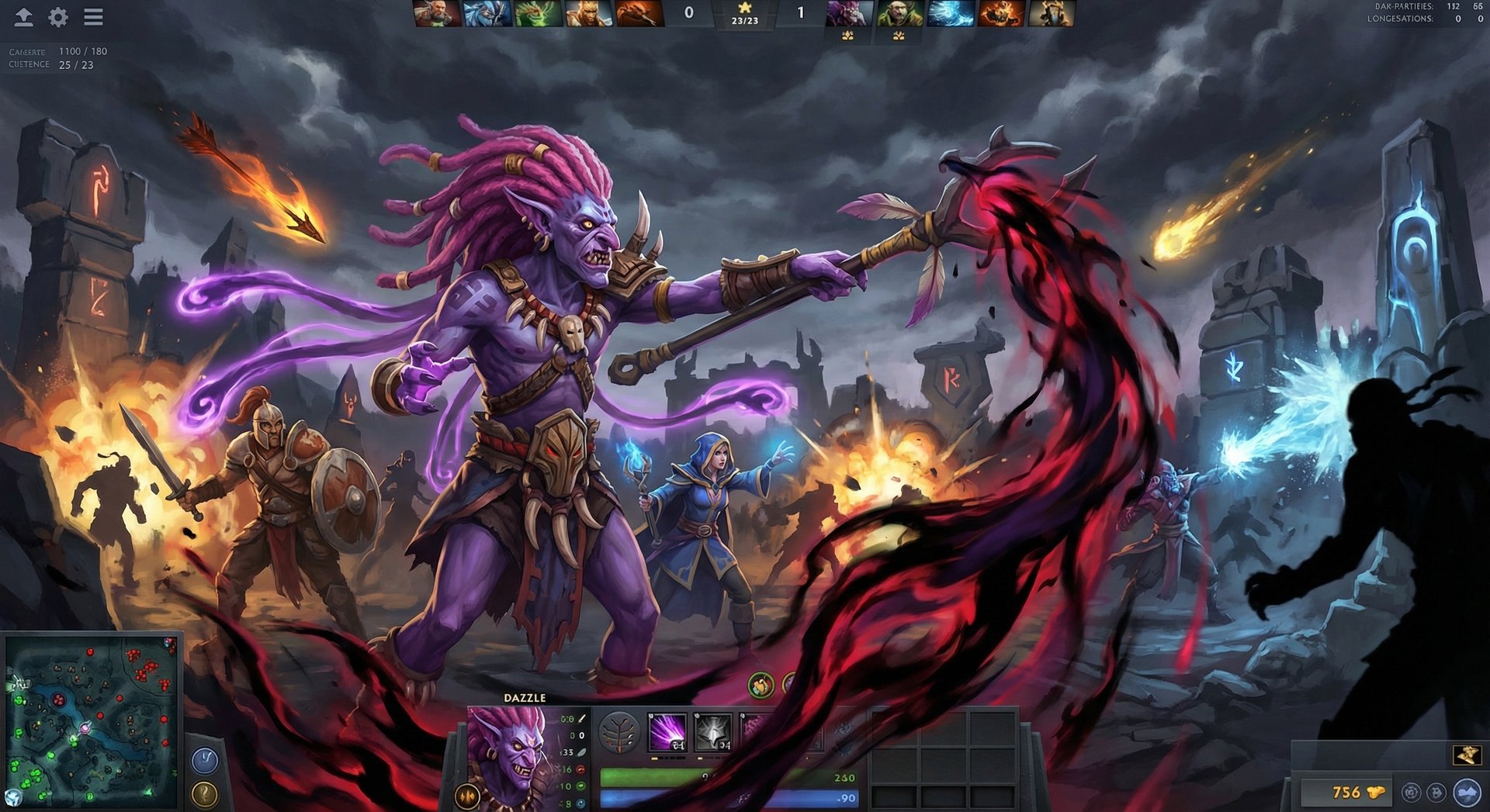 Dazzle in an epic Dota 2 teamfight casting healing waves and shadow magic