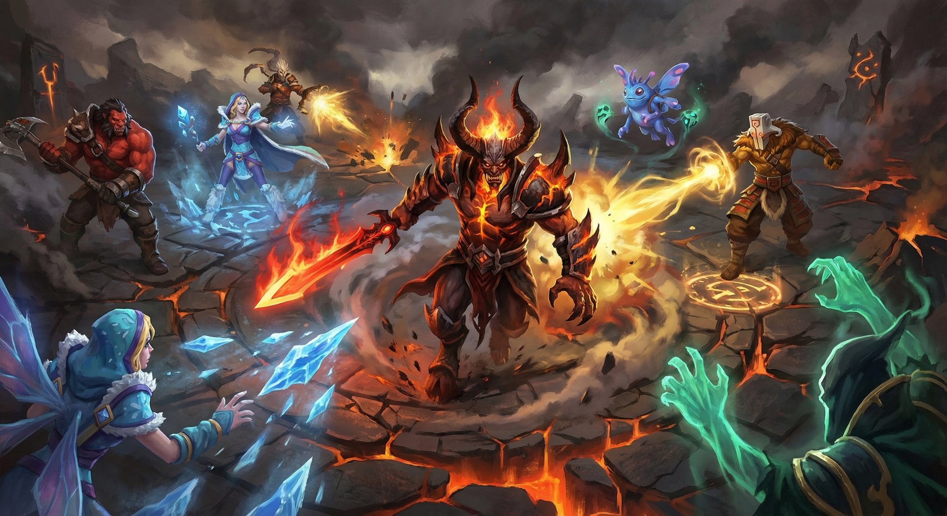 Doom in epic Dota 2 teamfight charging into battle with flaming sword