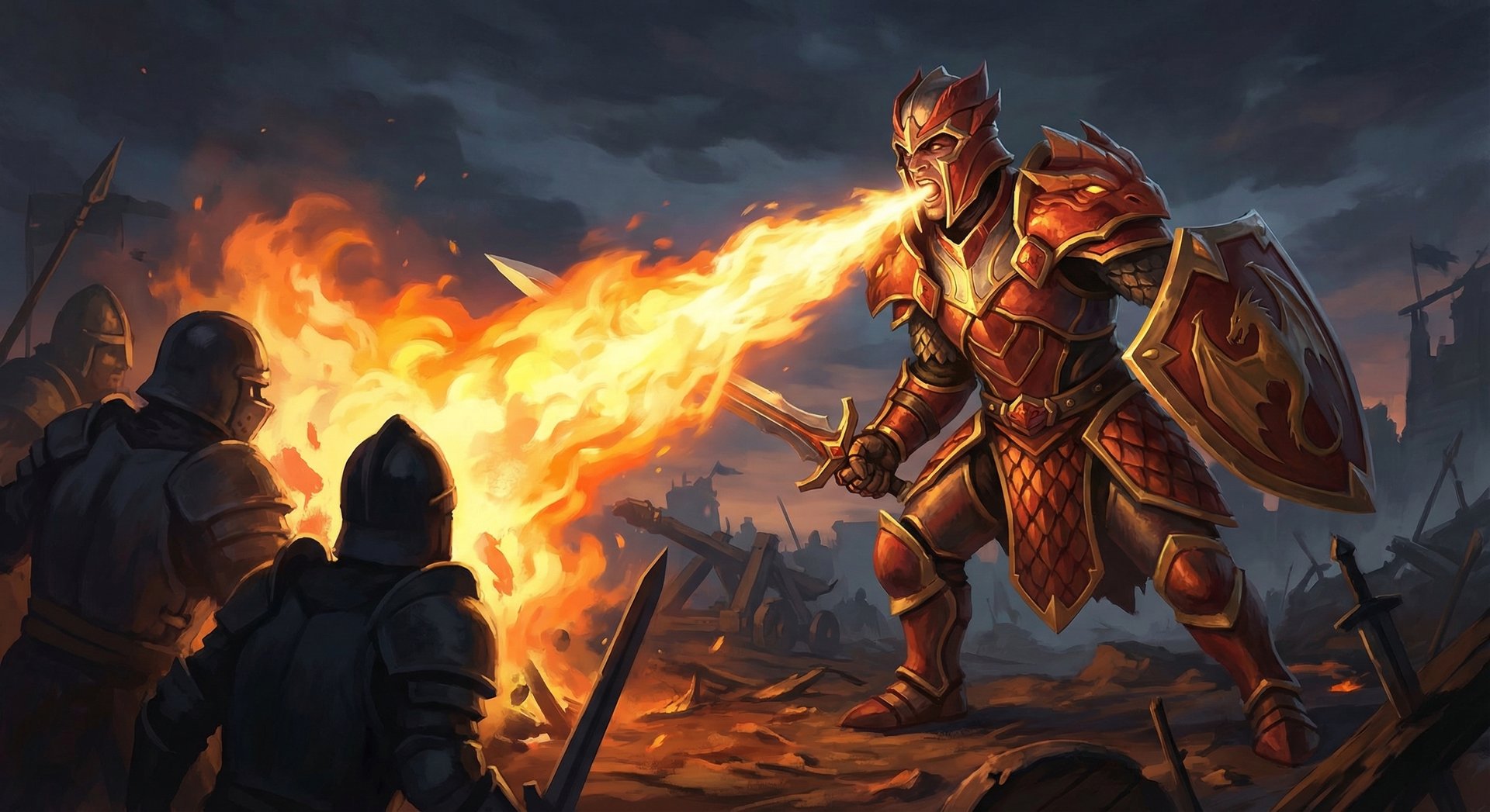 Dragon Knight using Breathe Fire ability, releasing a cone of flames toward enemies