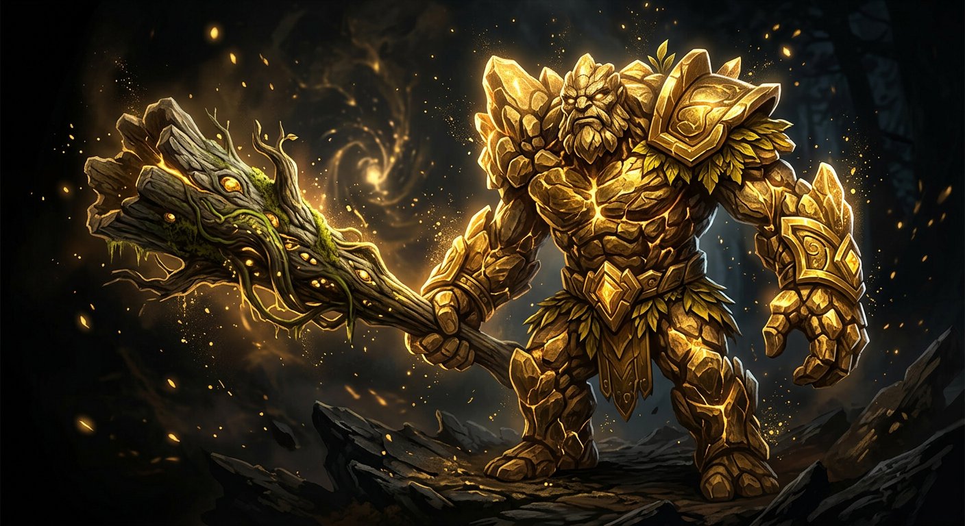 Tiny hero from Dota 2 with golden rocky texture holding a tree club