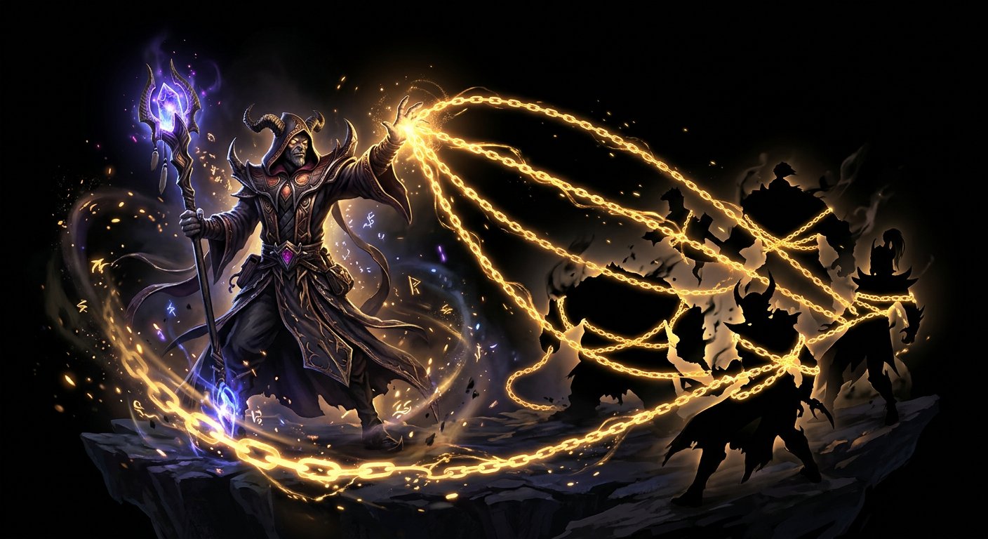 Warlock hero casting Fatal Bonds with golden chains