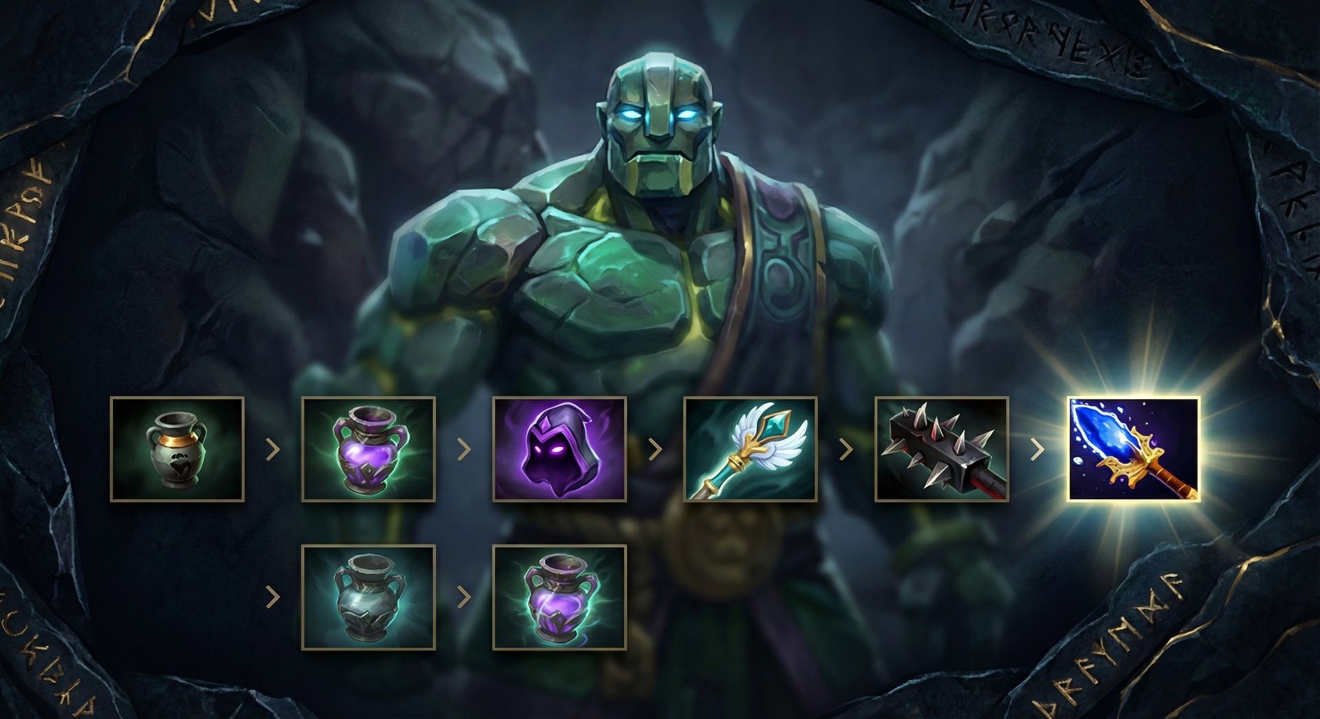 Earth Spirit item build progression with Urn Spirit Vessel and key items on dark background