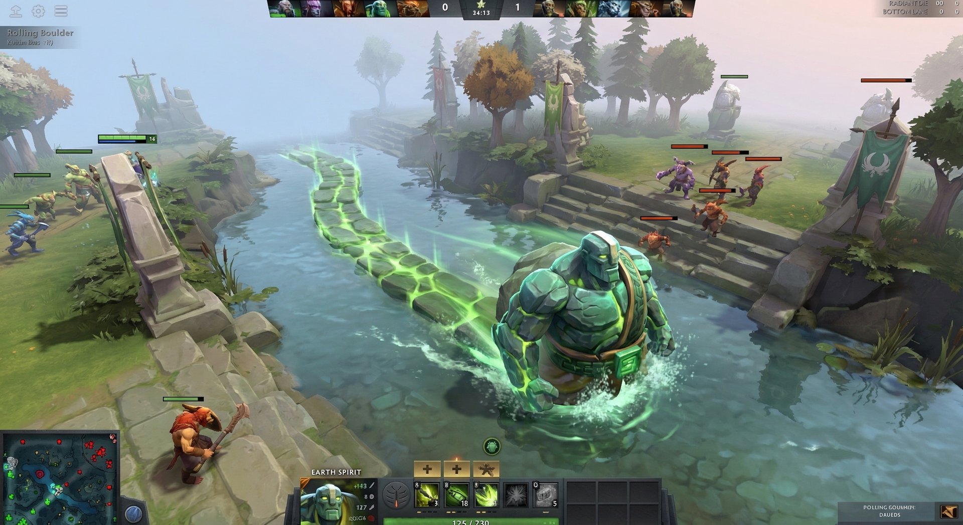 Earth Spirit rolling through the river during laning phase in Dota 2
