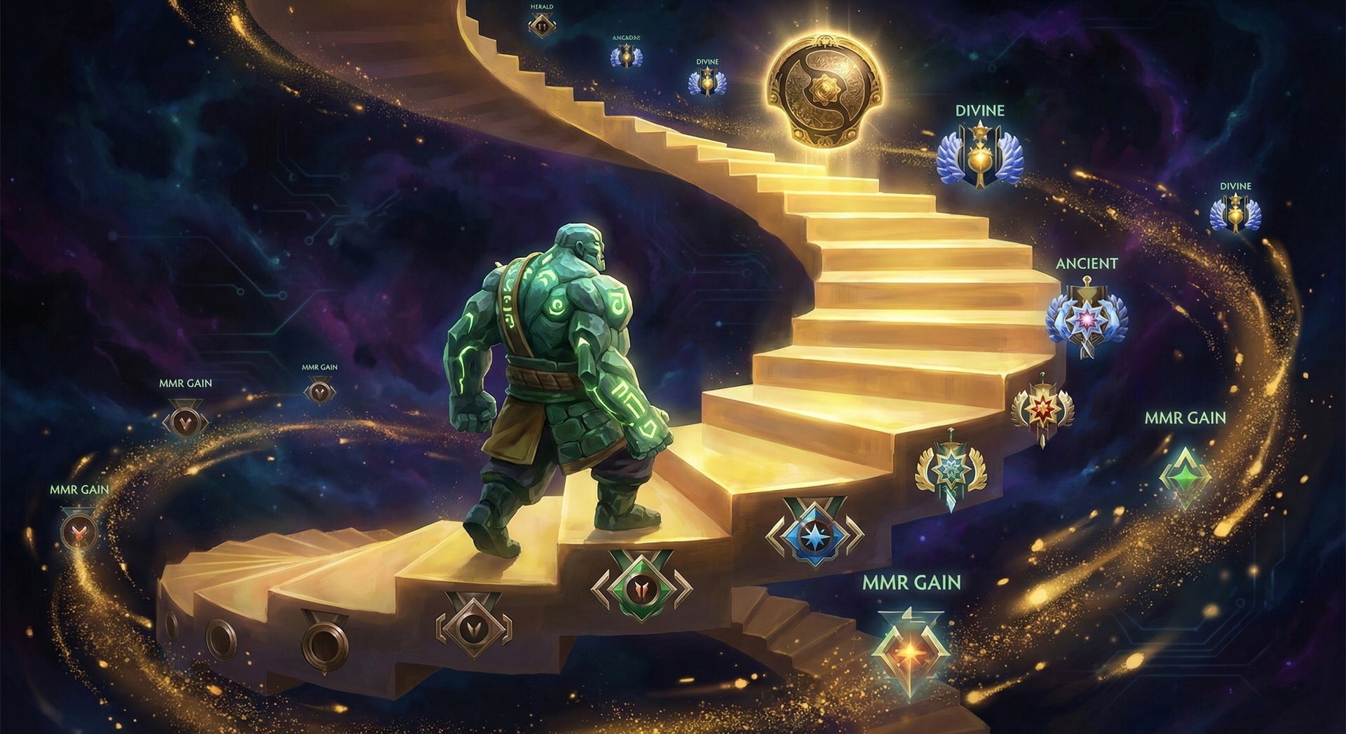 Earth Spirit climbing MMR ranks from Herald to Immortal with gold accents