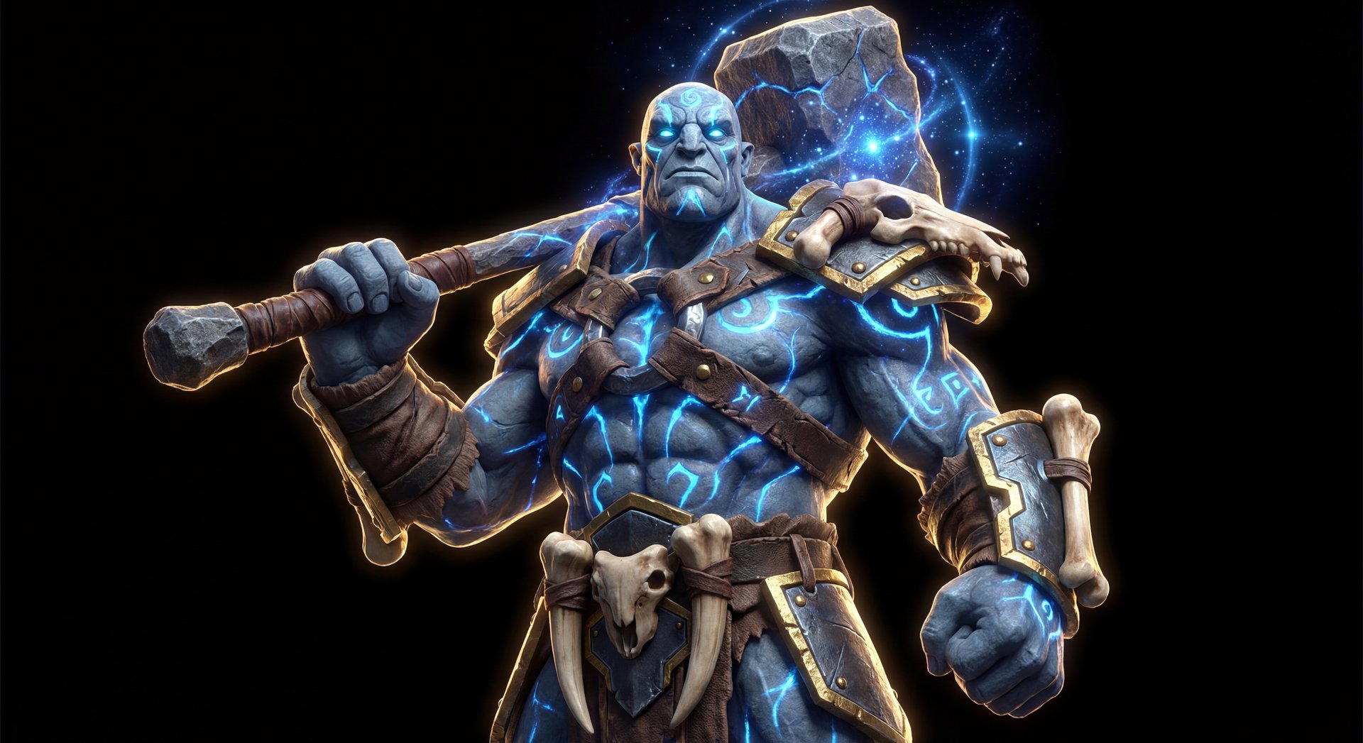 Elder Titan cinematic portrait with gold accents on black background
