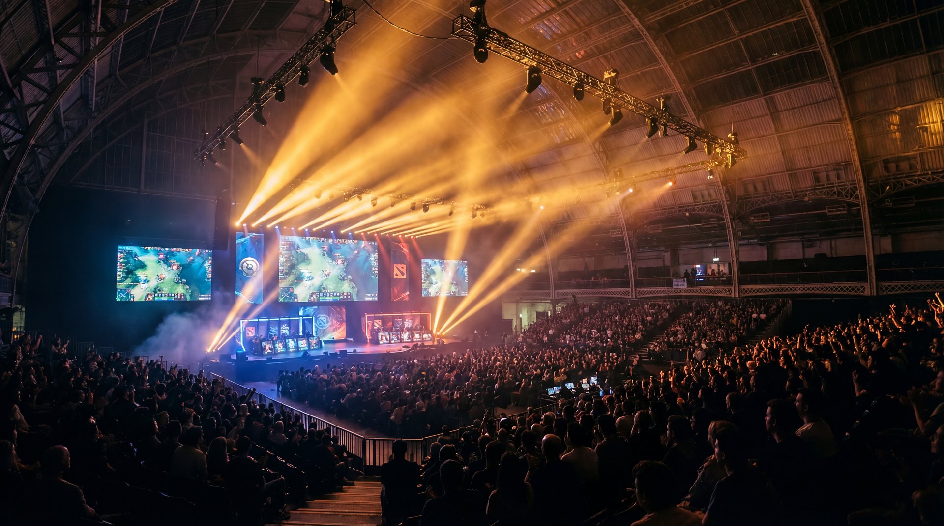ESL One Birmingham 2026 arena stage with dramatic gold lighting