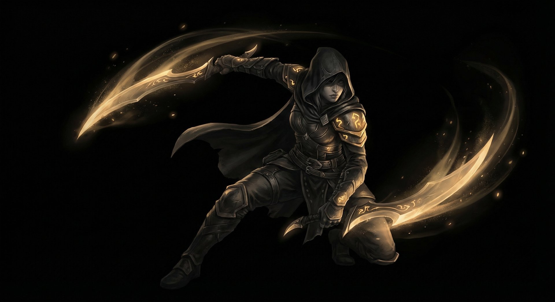 Dota 2 carry hero Phantom Assassin with golden energy effects in dark cinematic style