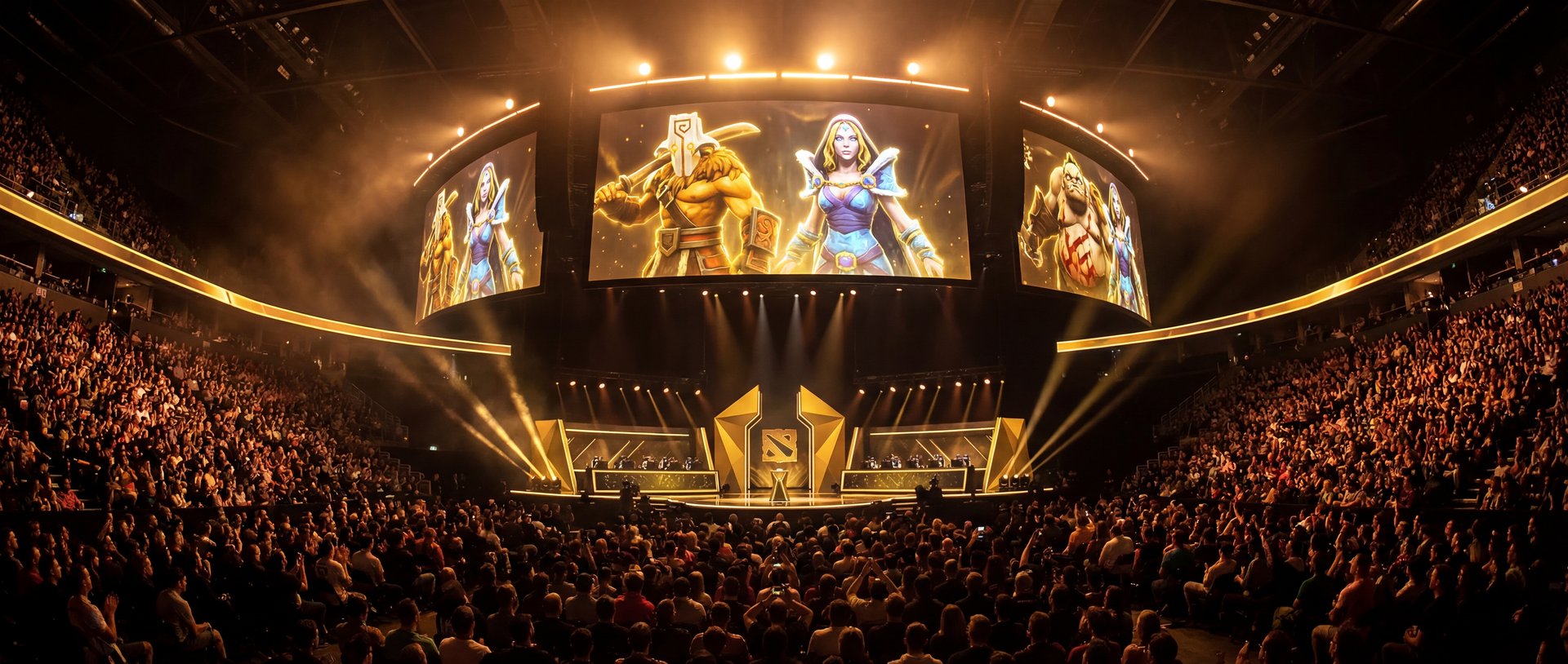 ESL One Birmingham 2026 esports arena with golden stage lighting and Dota 2 heroes on screens