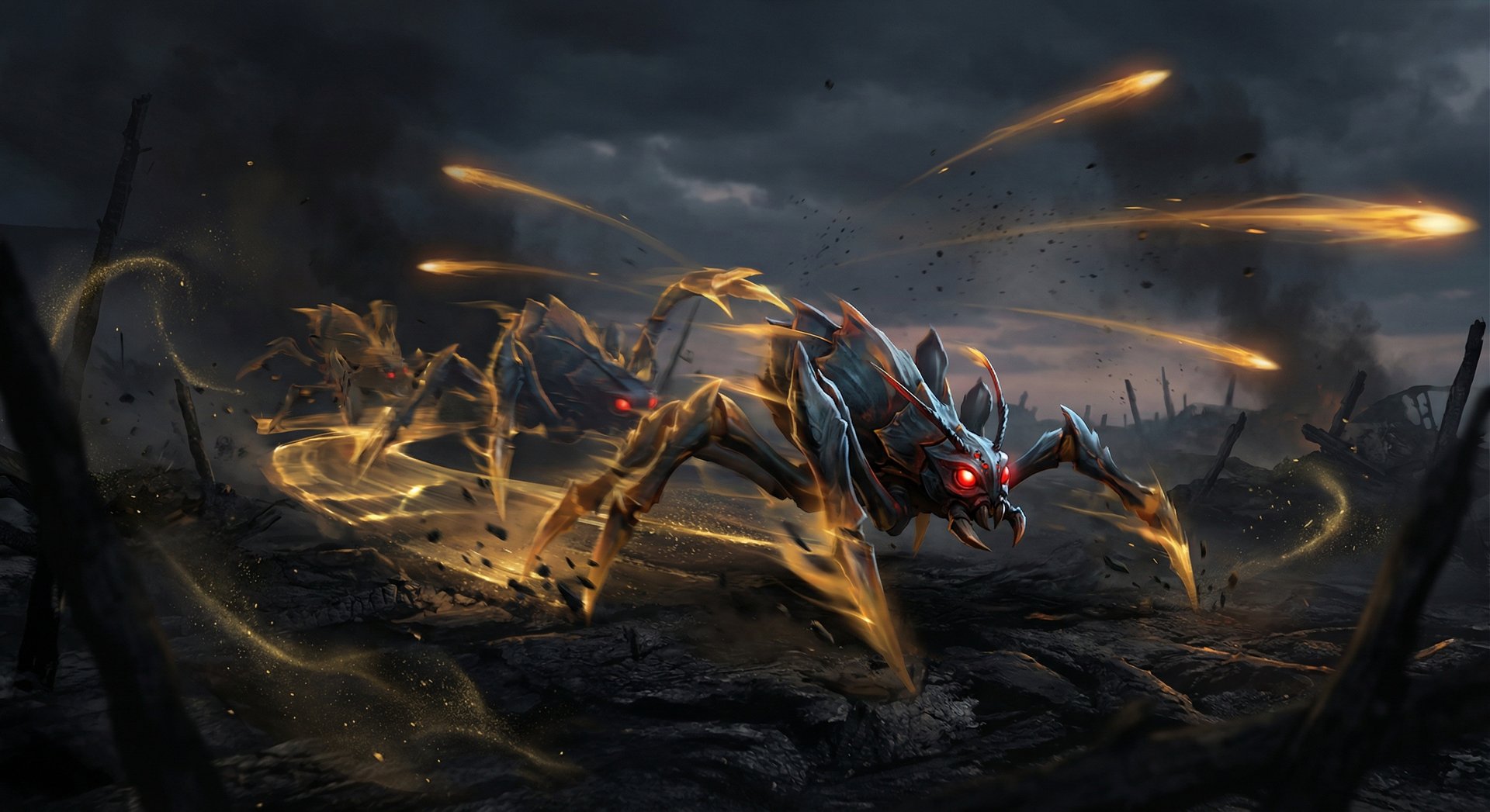 Dota 2 Weaver hero with Desolator and gold energy trails