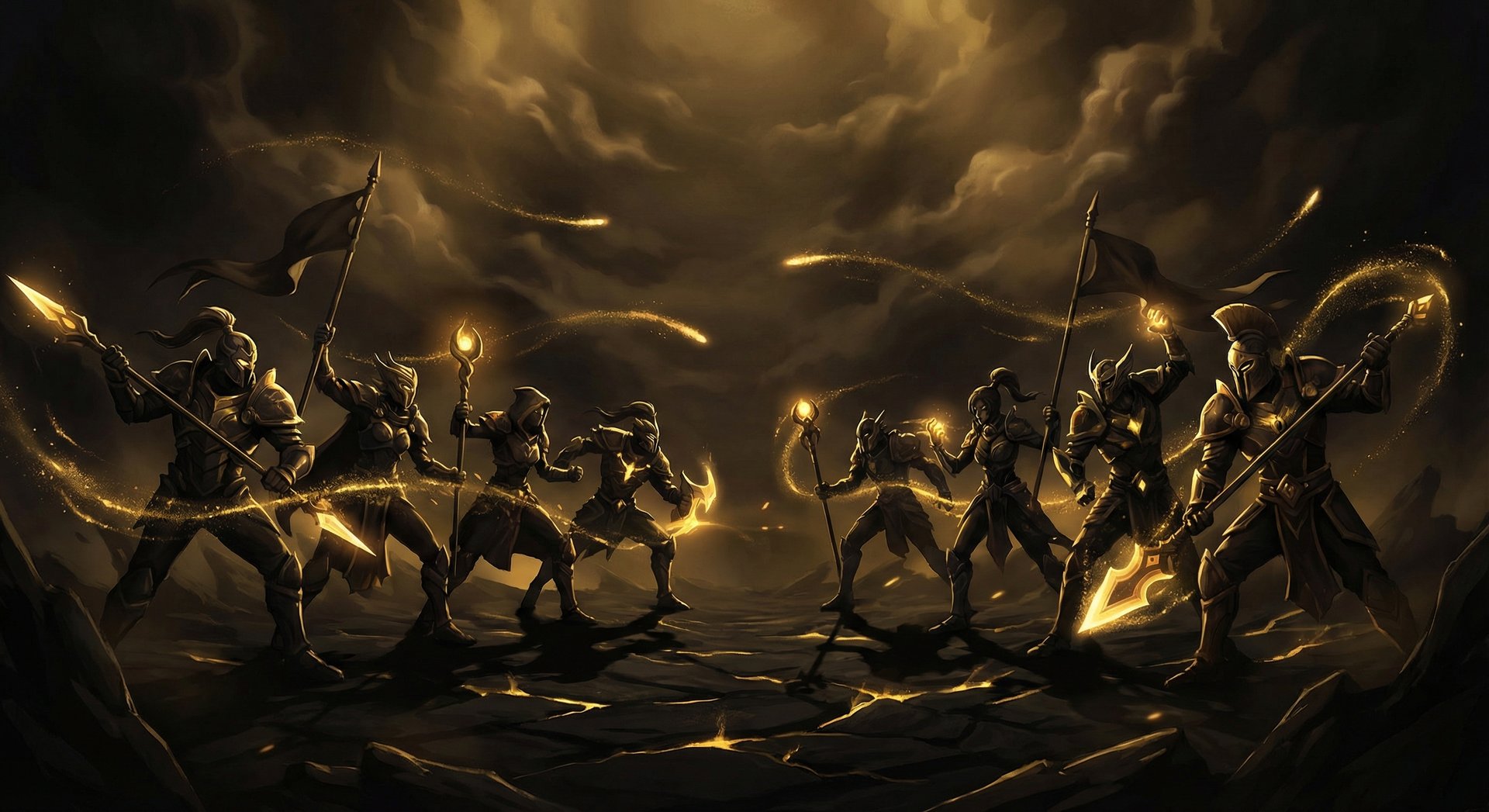 Two Dota 2 teams facing off in competitive esports battle with golden lighting