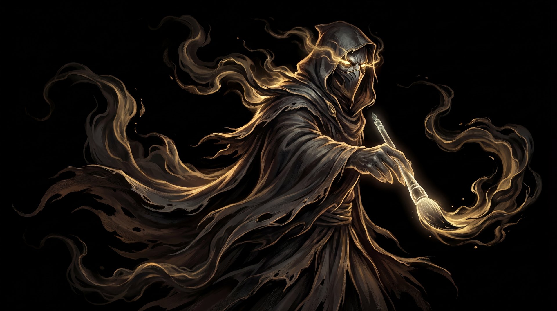 Grimstroke cinematic portrait with gold accents on black background