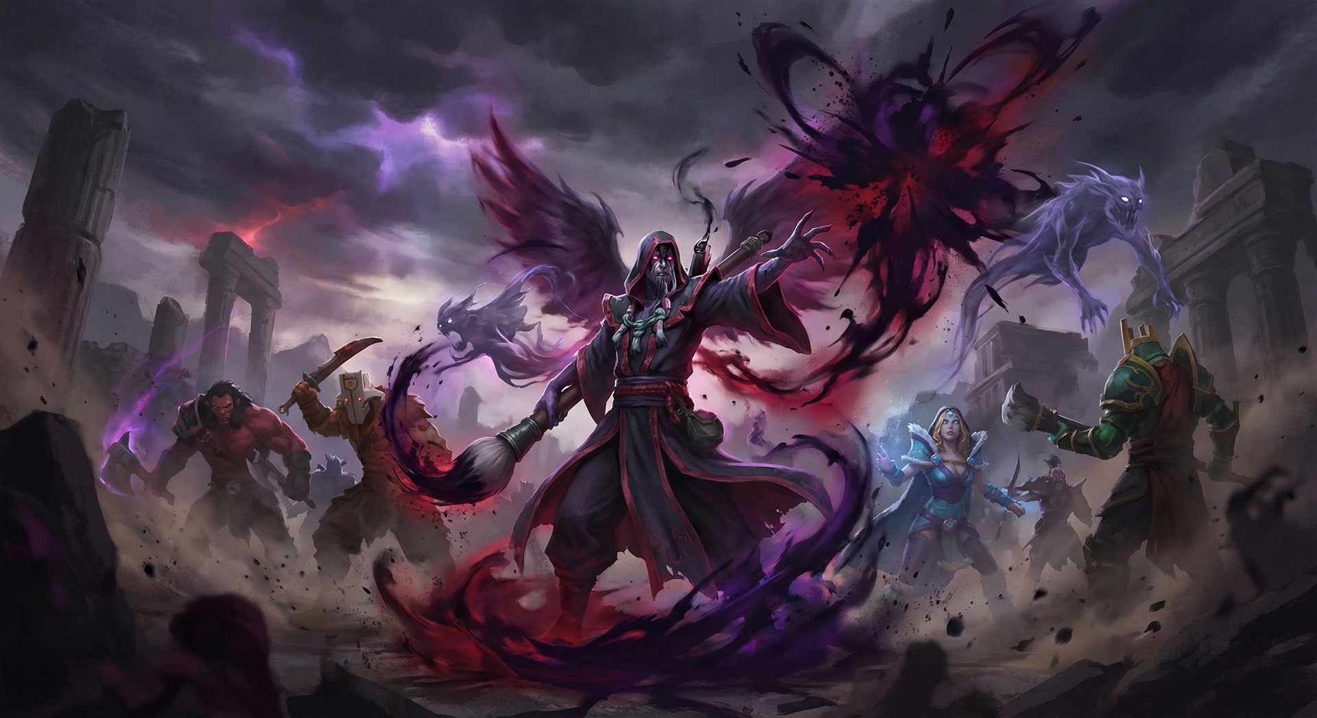 Grimstroke in a massive Dota 2 team fight casting spells