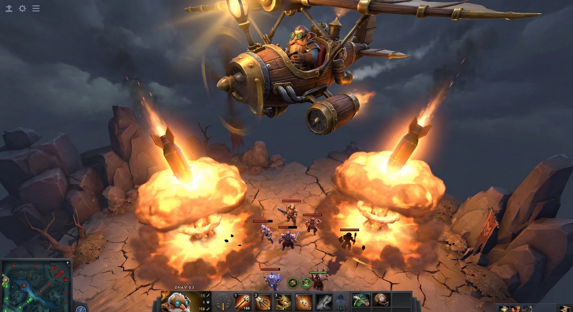 Gyrocopter using Call Down ultimate ability in Dota 2, massive missile strikes raining from above