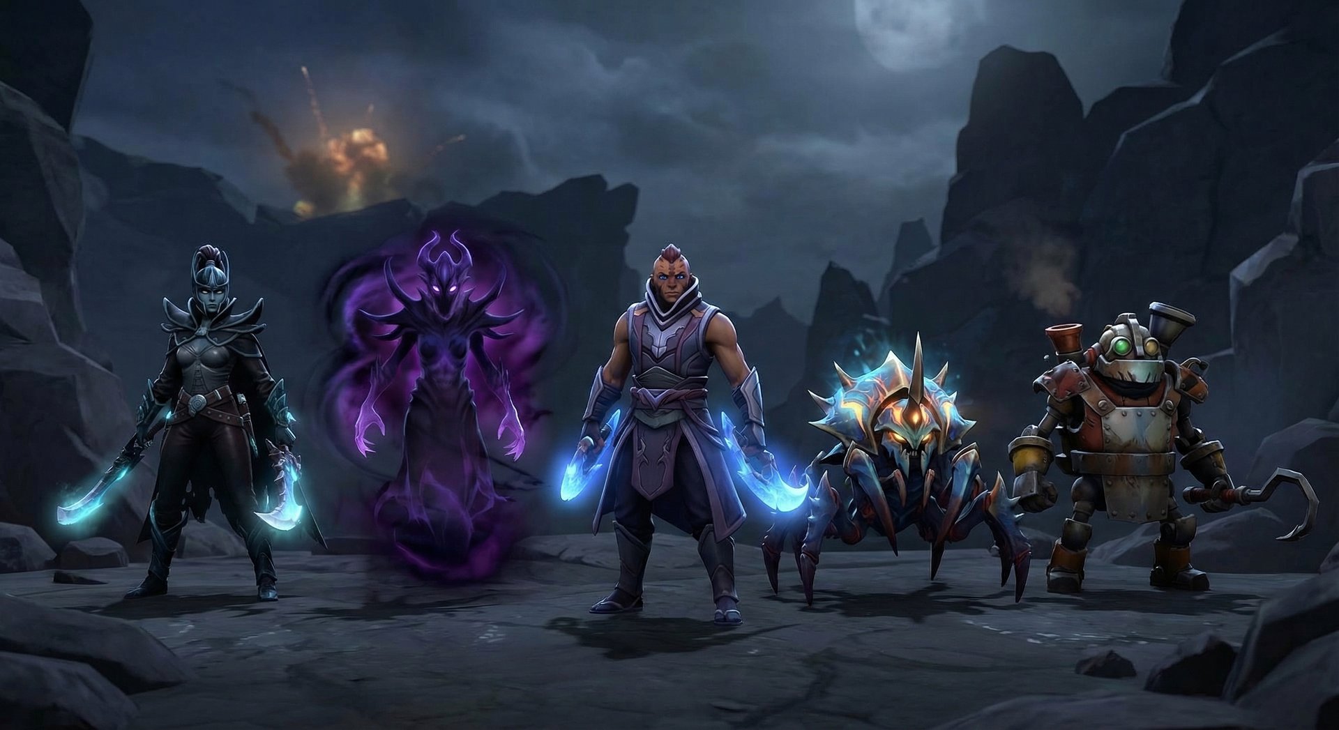 Five Dota 2 counter heroes lined up against Gyrocopter on dark background