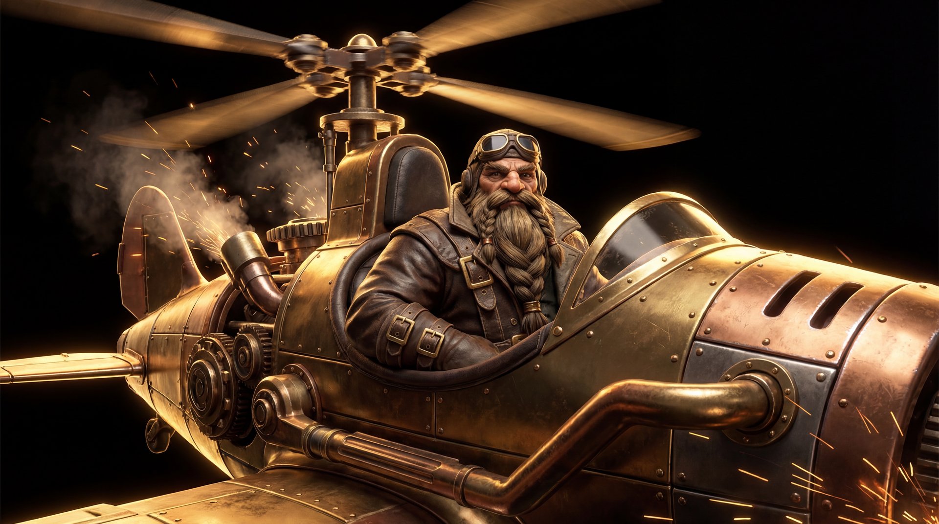 Gyrocopter Dota 2 cinematic hero portrait with gold accents on dark background
