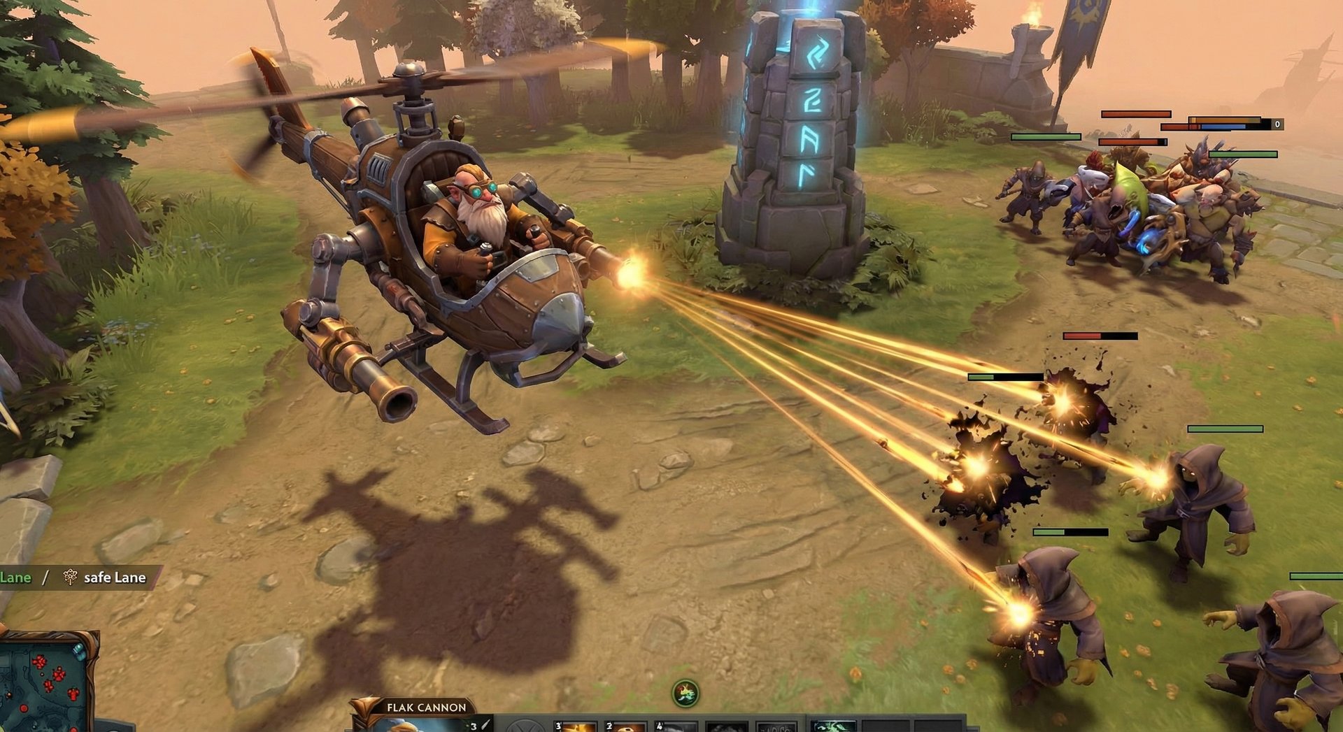 Gyrocopter in laning phase in Dota 2, flying low over the safe lane farming creeps