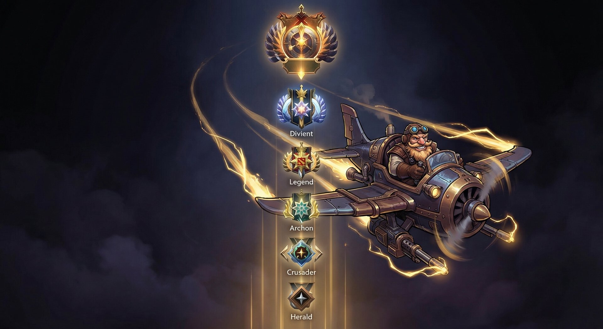 Gyrocopter climbing through MMR ranks in Dota 2, ascending through rank emblems with golden light