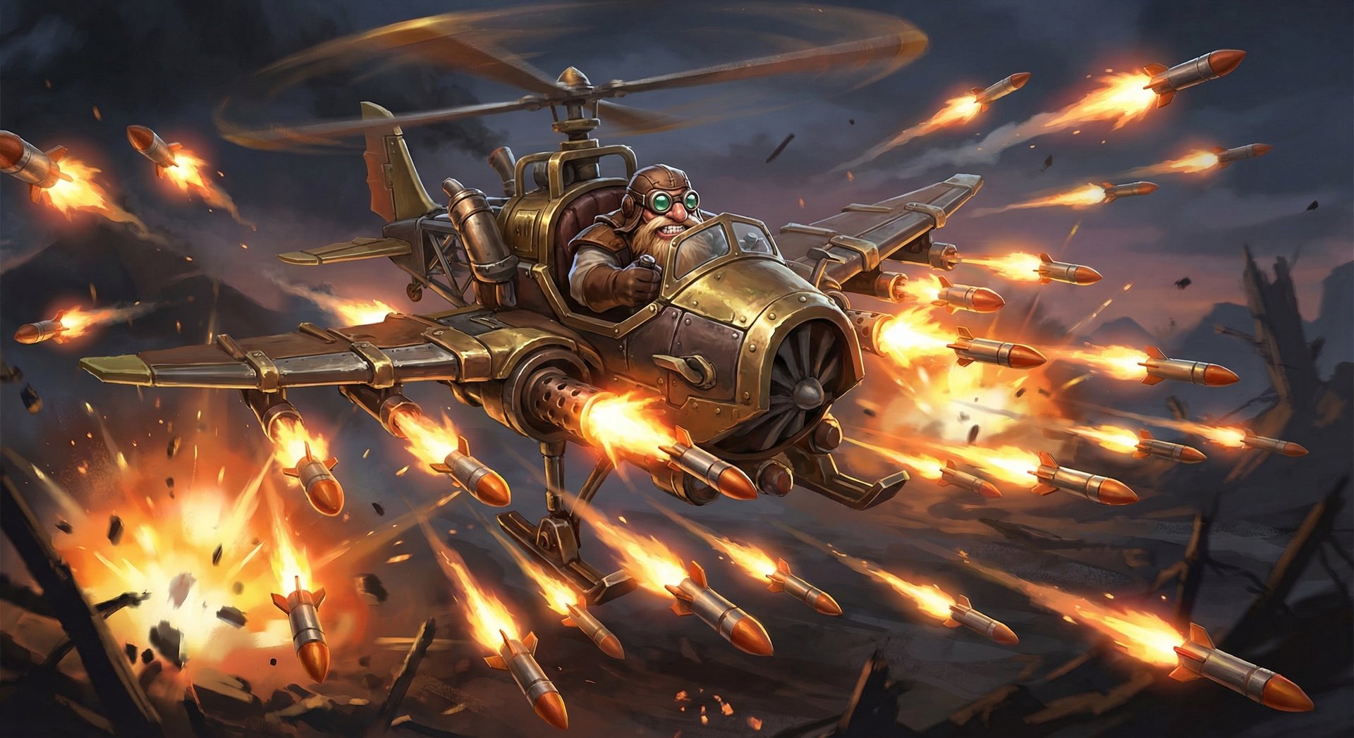 Gyrocopter firing Rocket Barrage ability in Dota 2, rockets and missiles flying in all directions