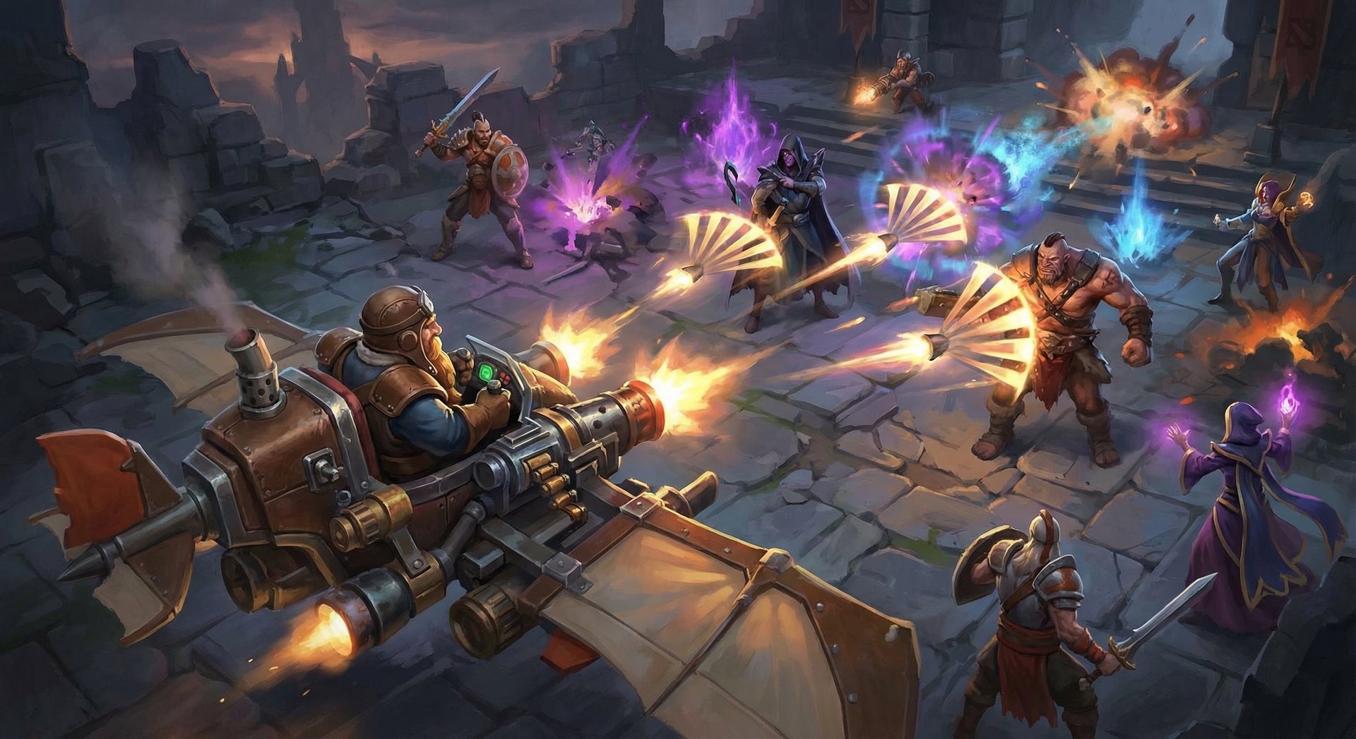 Gyrocopter in a massive team fight in Dota 2, Flak Cannon shots hitting multiple enemy heroes