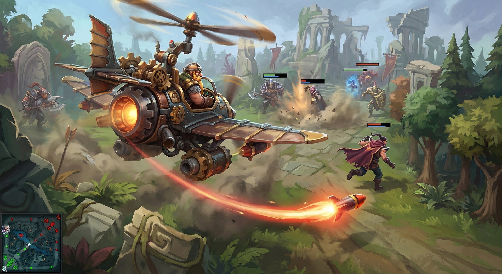 Gyrocopter performing advanced Homing Missile technique in Dota 2, missile tracking an enemy hero