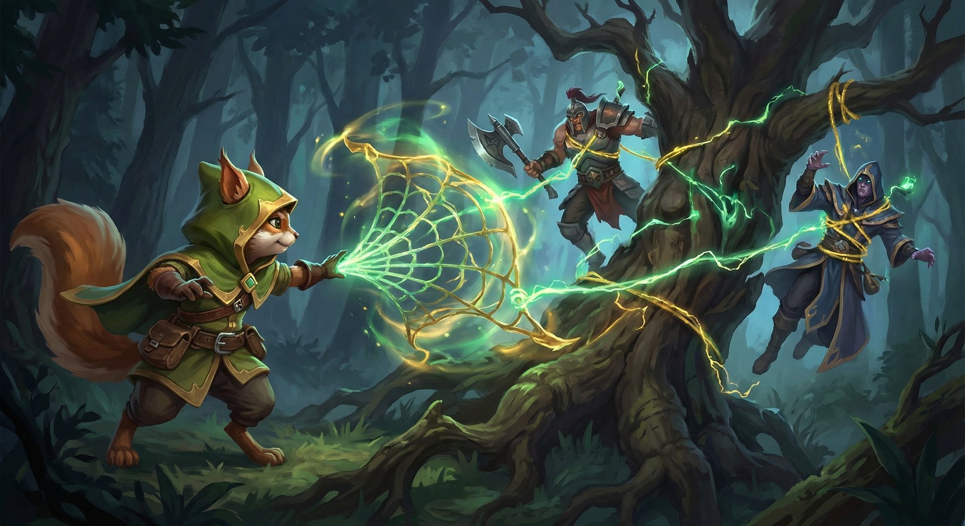 Hoodwink casting Bushwhack net stun ability near trees in Dota 2