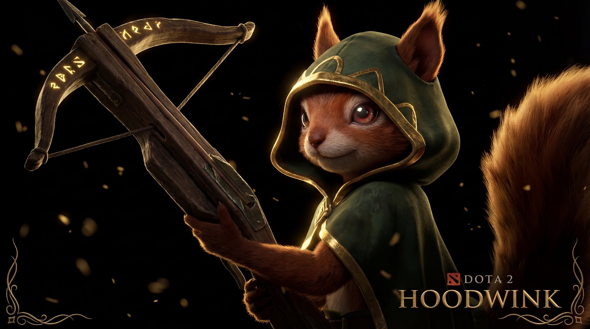 Hoodwink Dota 2 cinematic portrait with gold accents on black background