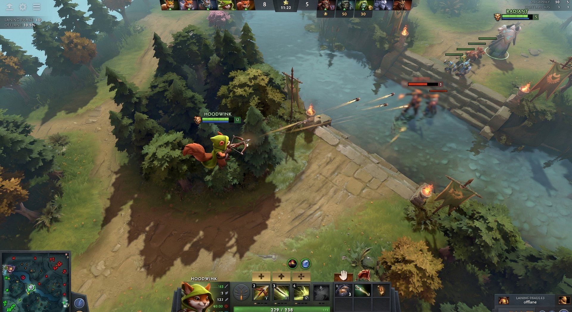 Hoodwink in laning phase harassing from treeline in Dota 2
