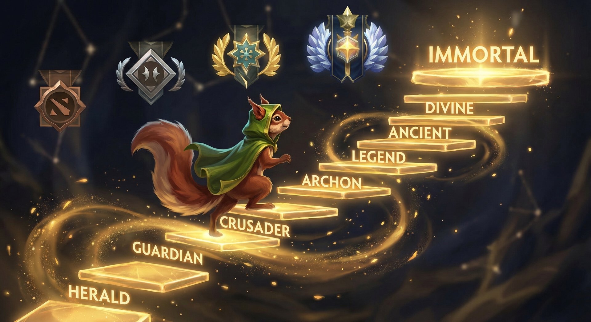 Hoodwink climbing ranked tiers from Herald to Immortal in Dota 2