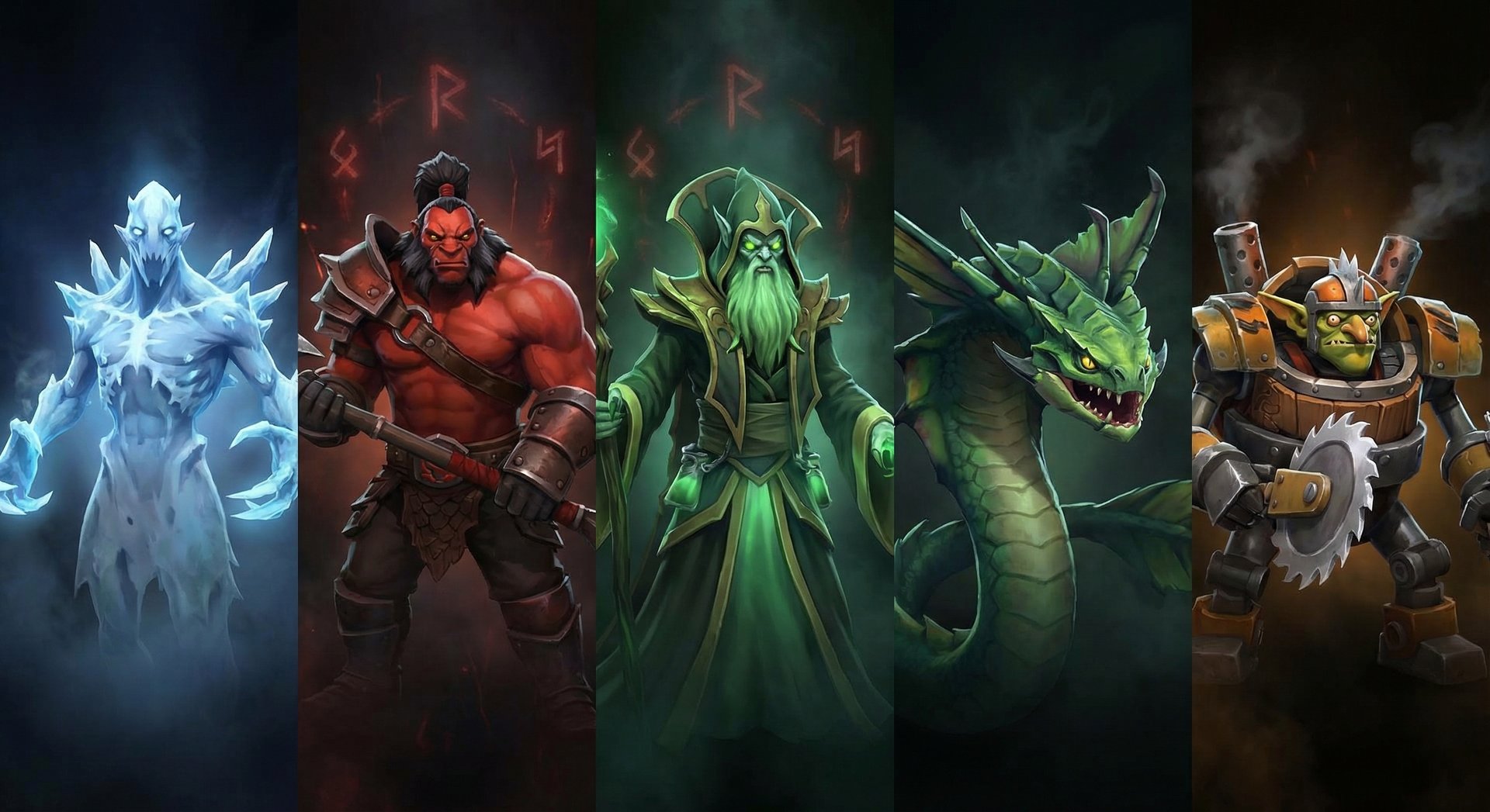 Five Dota 2 heroes that counter Huskar lined up including Ancient Apparition, Axe, Necrophos, Viper, and Timbersaw
