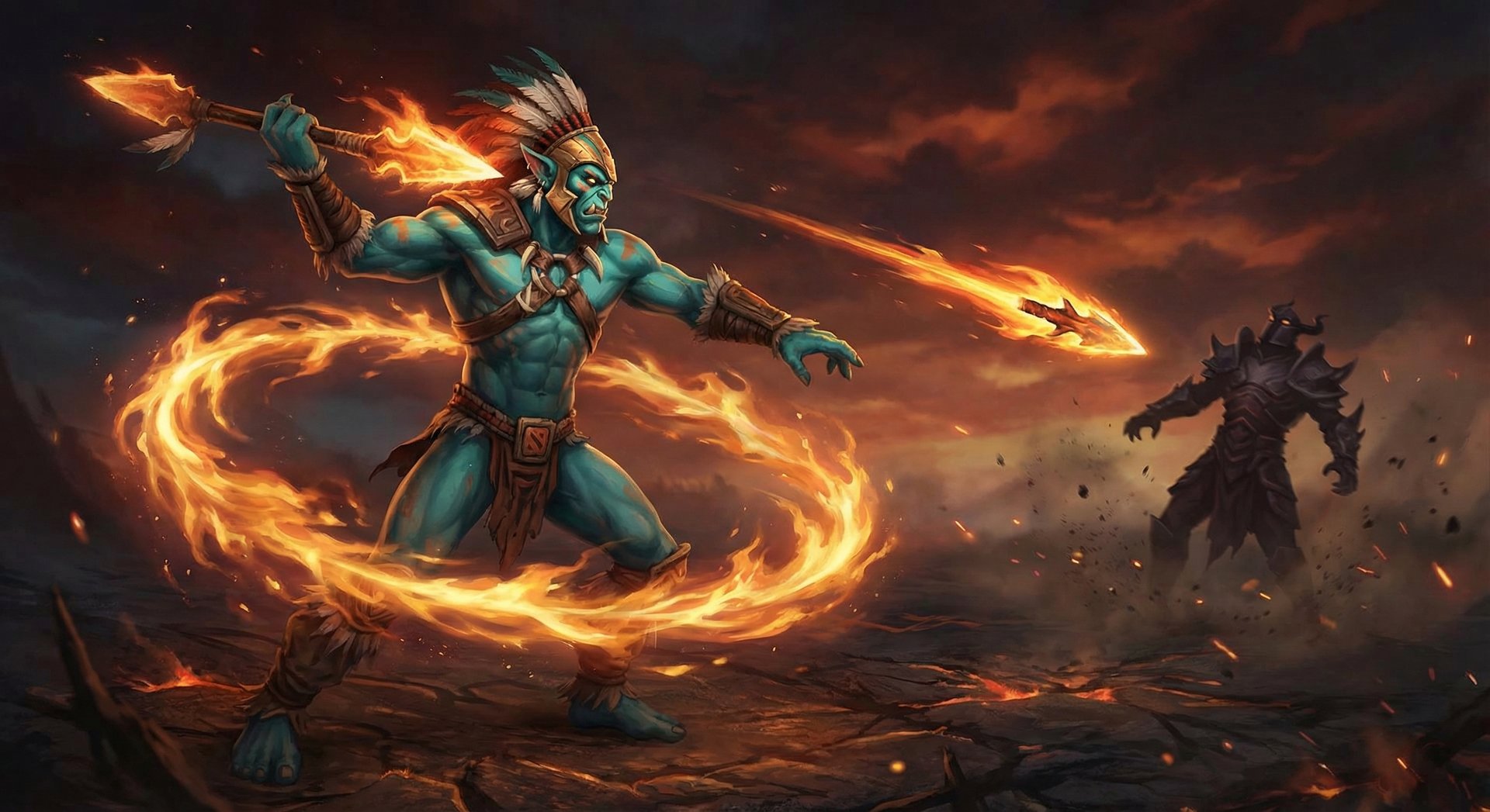Huskar using Inner Fire ability with sacred flames surrounding him in Dota 2