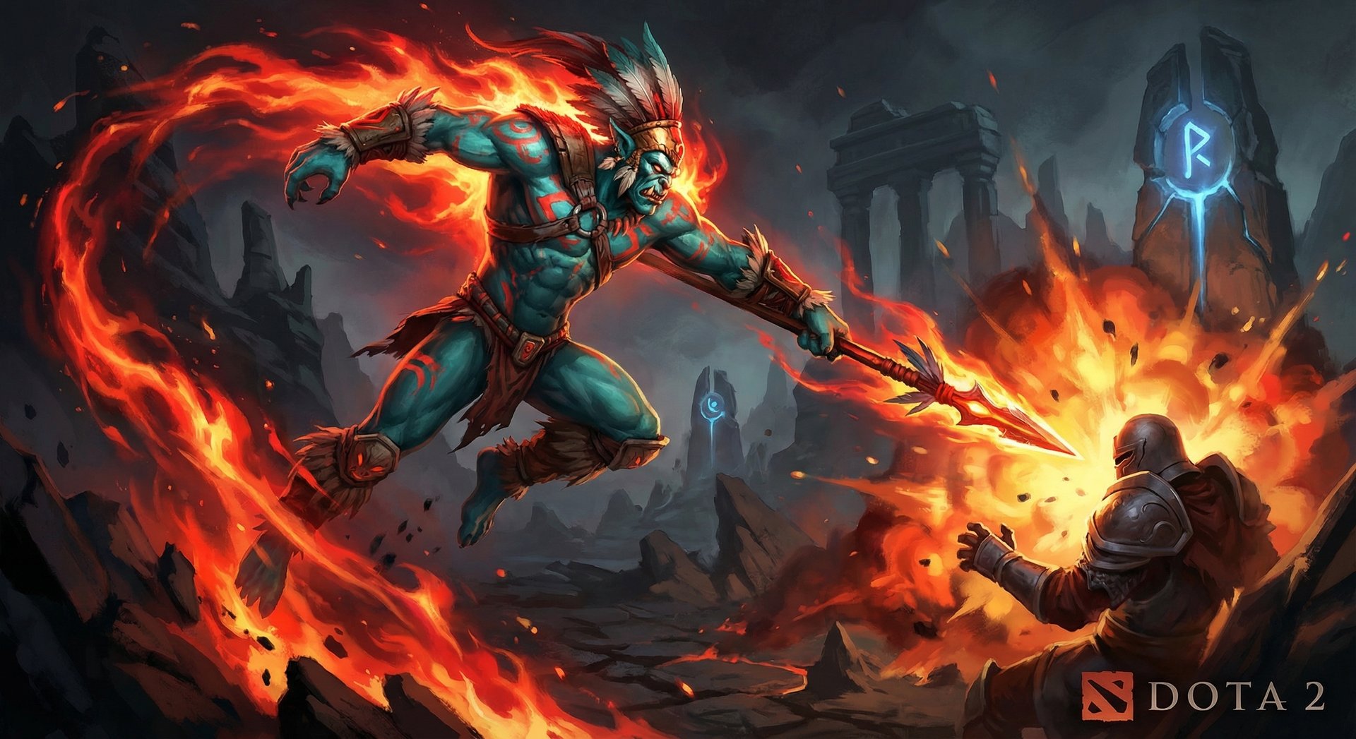 Huskar performing Life Break ultimate ability diving onto an enemy in Dota 2