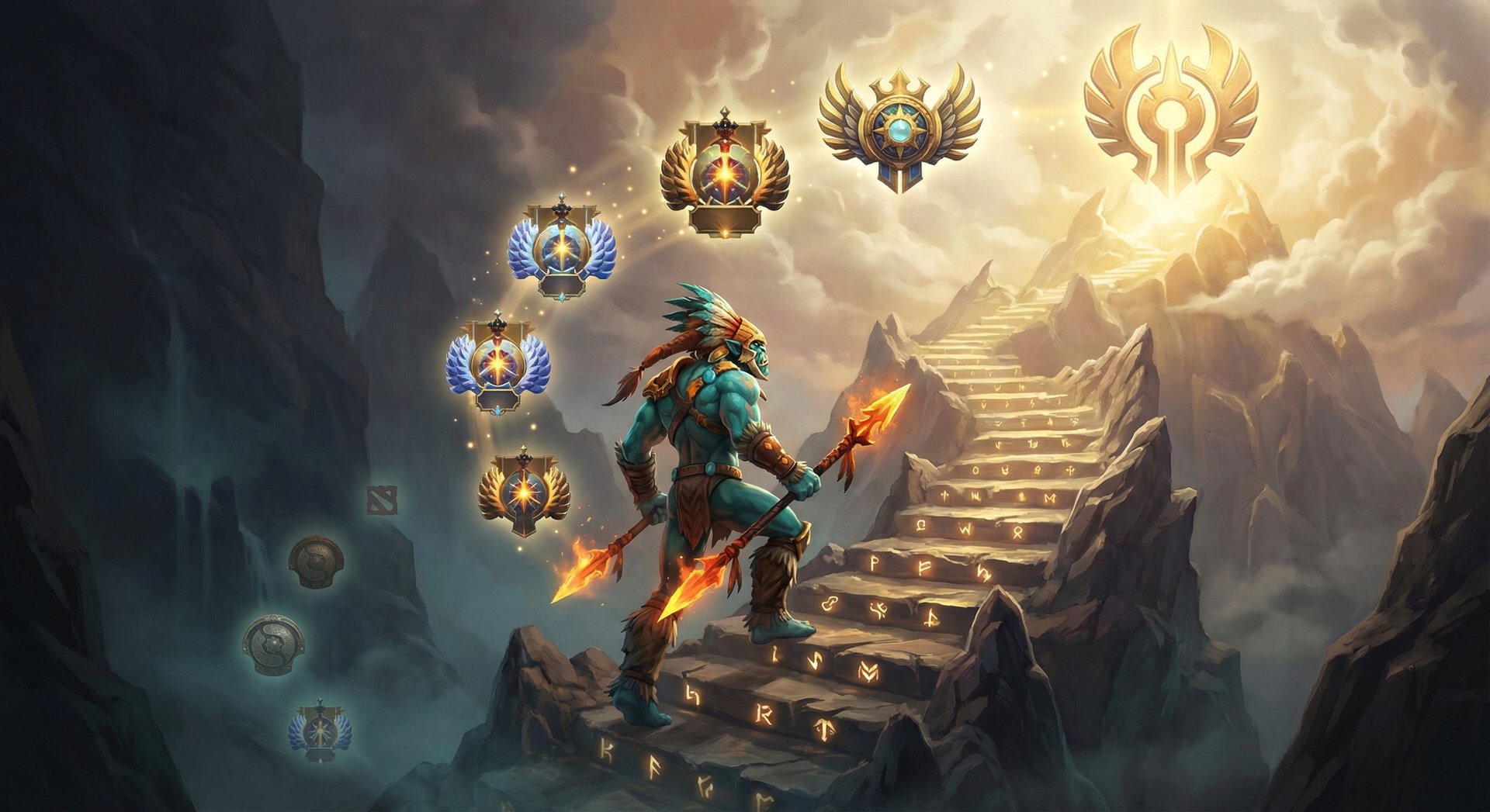 Huskar ascending through Dota 2 ranked tiers with golden medals and gold accent lighting