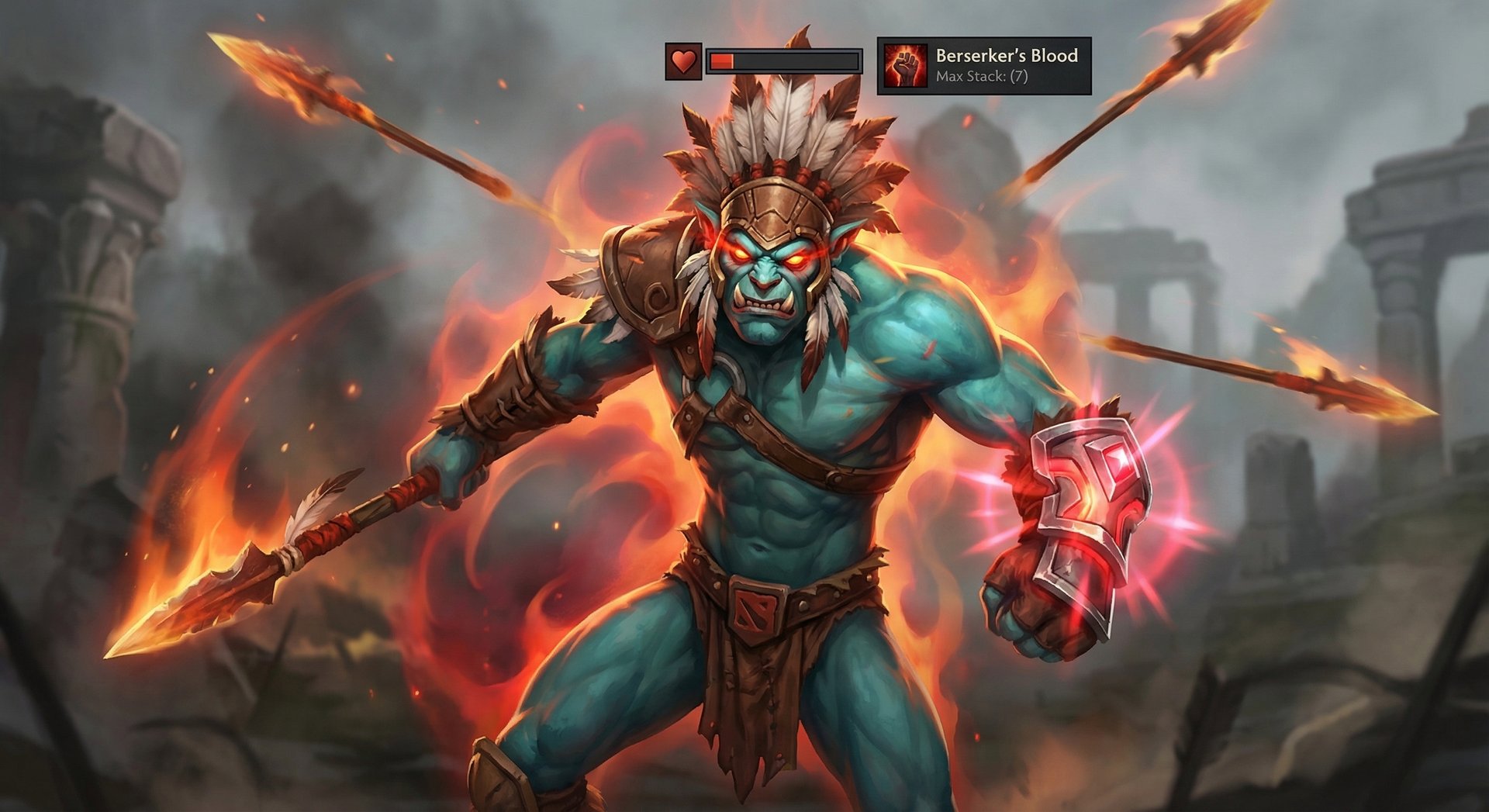 Huskar performing advanced Armlet toggle technique at low health with maximum Berserker's Blood in Dota 2