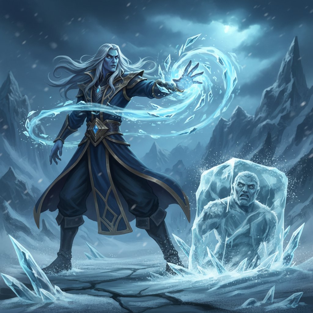 Invoker casting Cold Snap spell with ice crystals forming around enemy