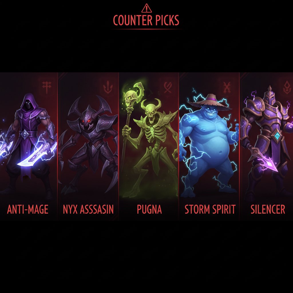 Five Dota 2 heroes that counter Invoker: Anti-Mage, Nyx Assassin, Pugna, Storm Spirit, Silencer