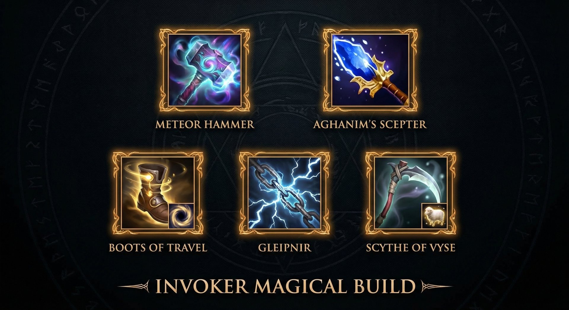 Invoker item build progression showing Meteor Hammer, Aghanims Scepter, and Boots of Travel