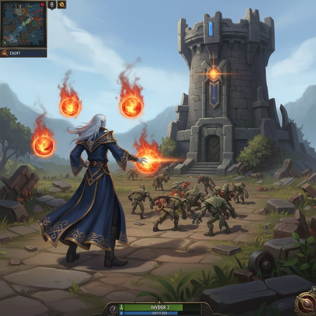 Invoker in the midlane during laning phase with Exort orbs