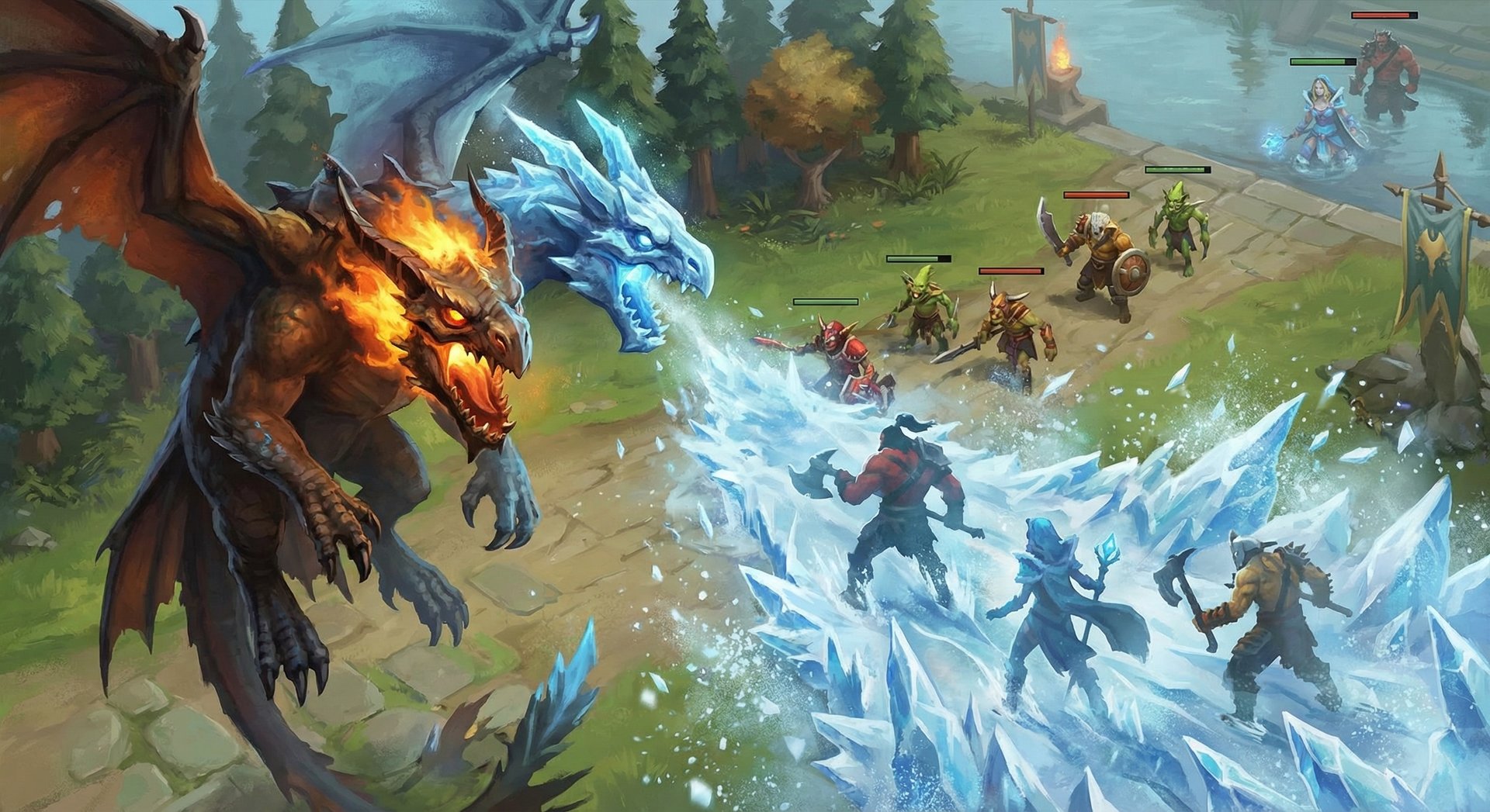 Jakiro in the laning phase using Ice Path to freeze enemies near the tower