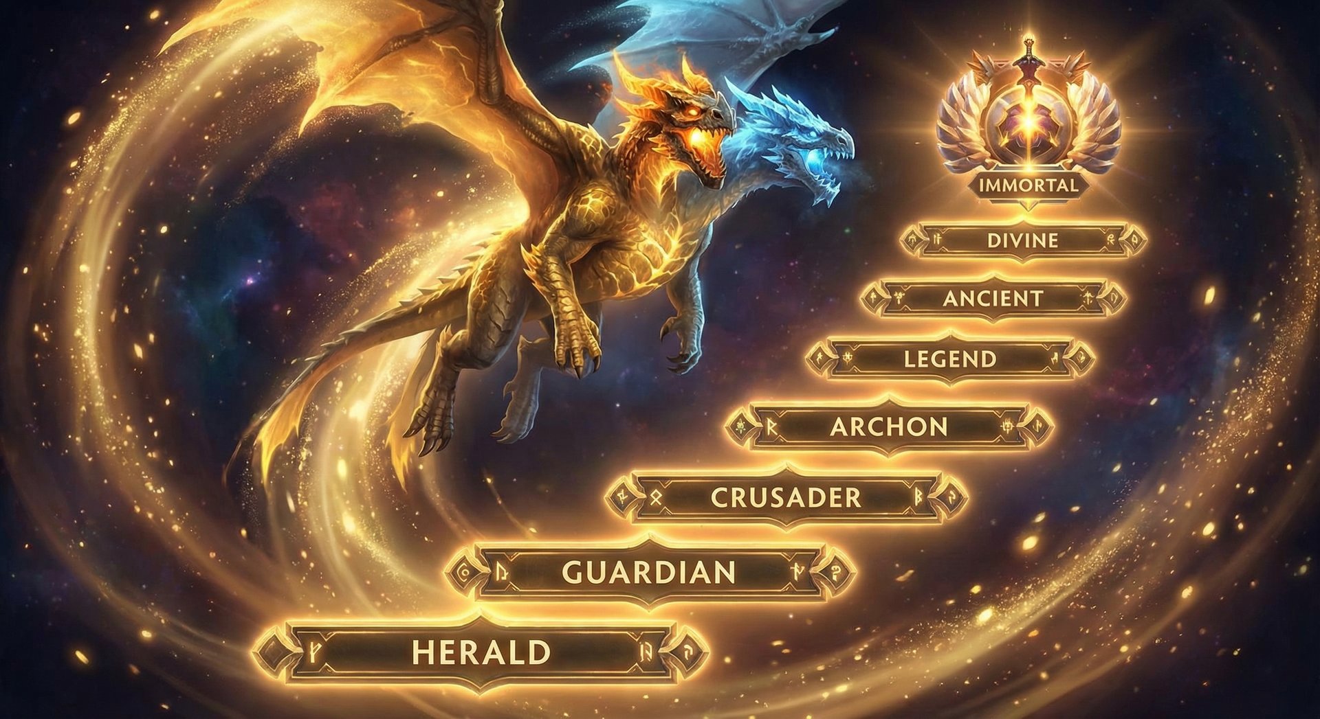 Jakiro ascending through MMR ranks with golden rank emblems from Herald to Immortal
