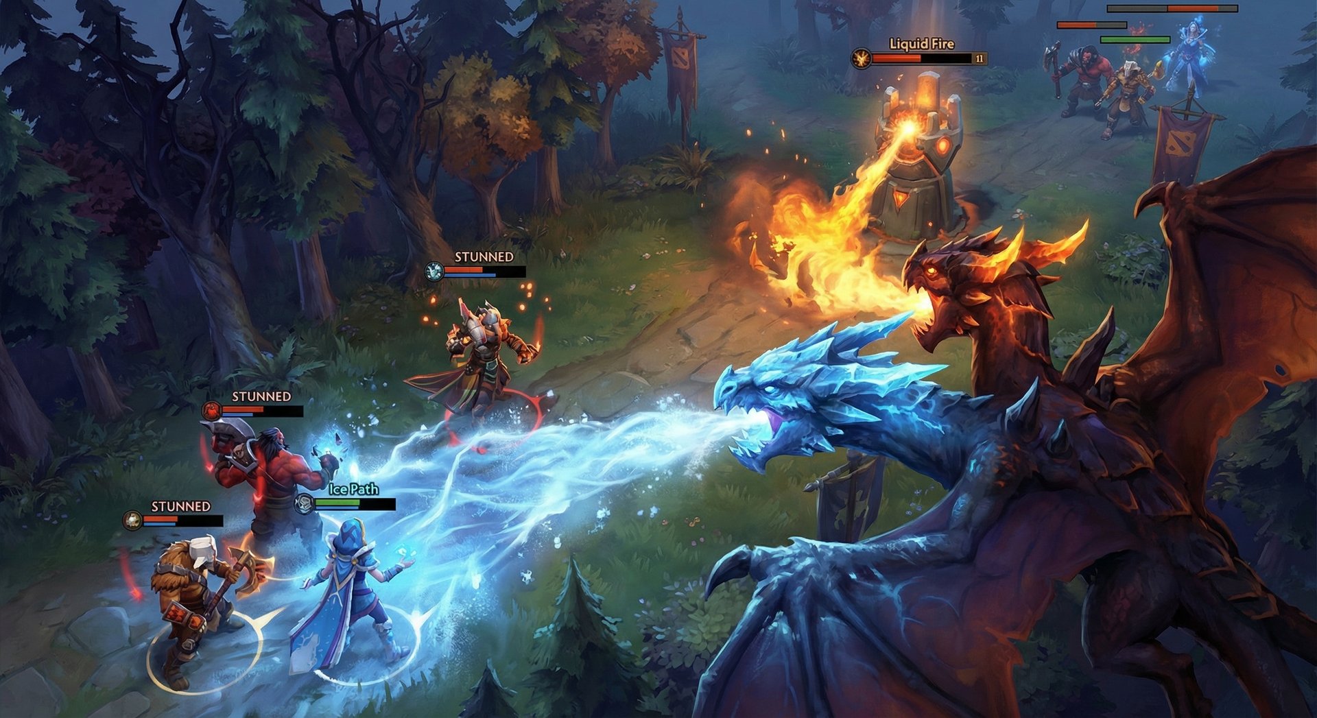 Jakiro performing advanced technique combining Ice Path stun with Liquid Fire on tower