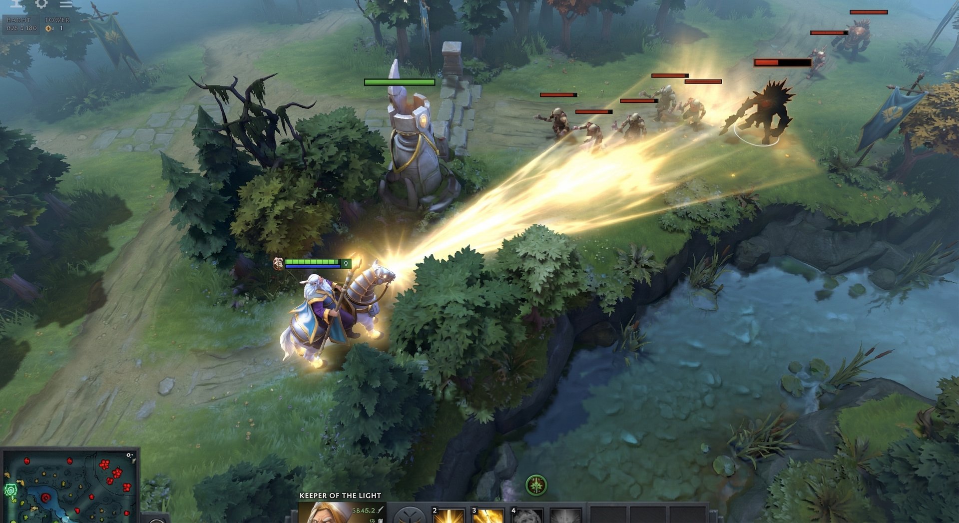 Keeper of the Light in laning phase positioned behind trees channeling Illuminate