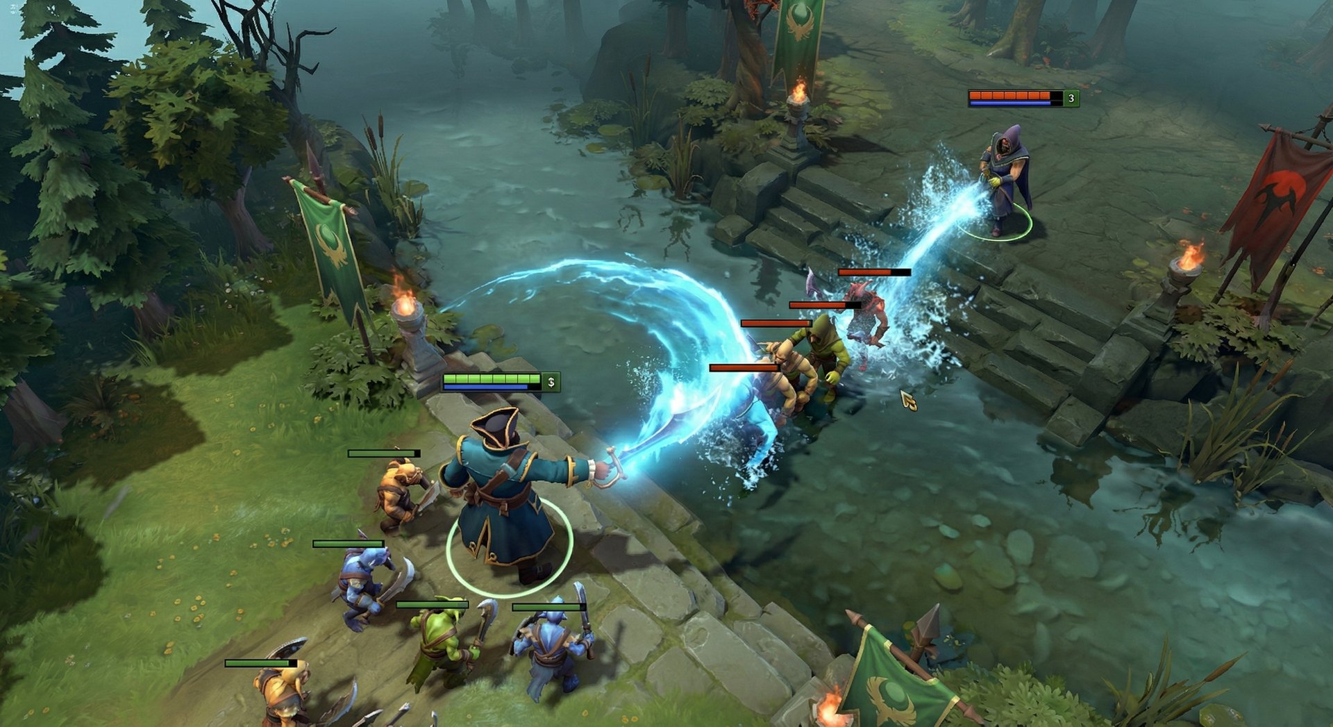 Kunkka in the mid lane using Tidebringer cleave to harass through the creep wave