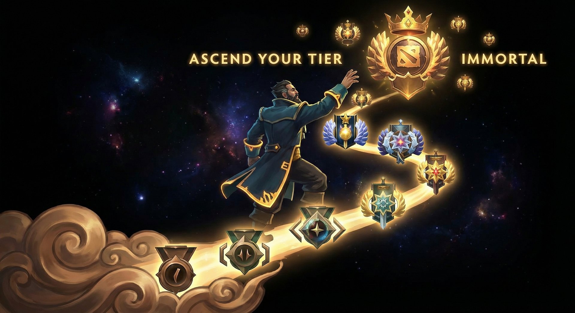 Kunkka ascending through ranked tiers from Herald to Immortal with gold accents