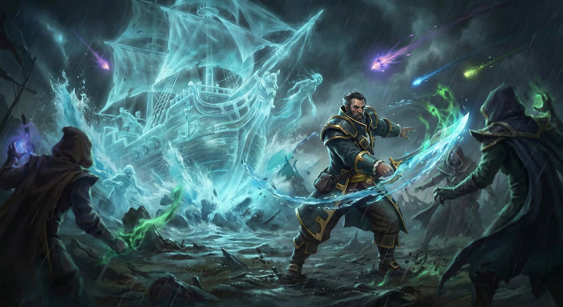 Kunkka in a team fight with Ghostship crashing down as he cleaves enemy heroes