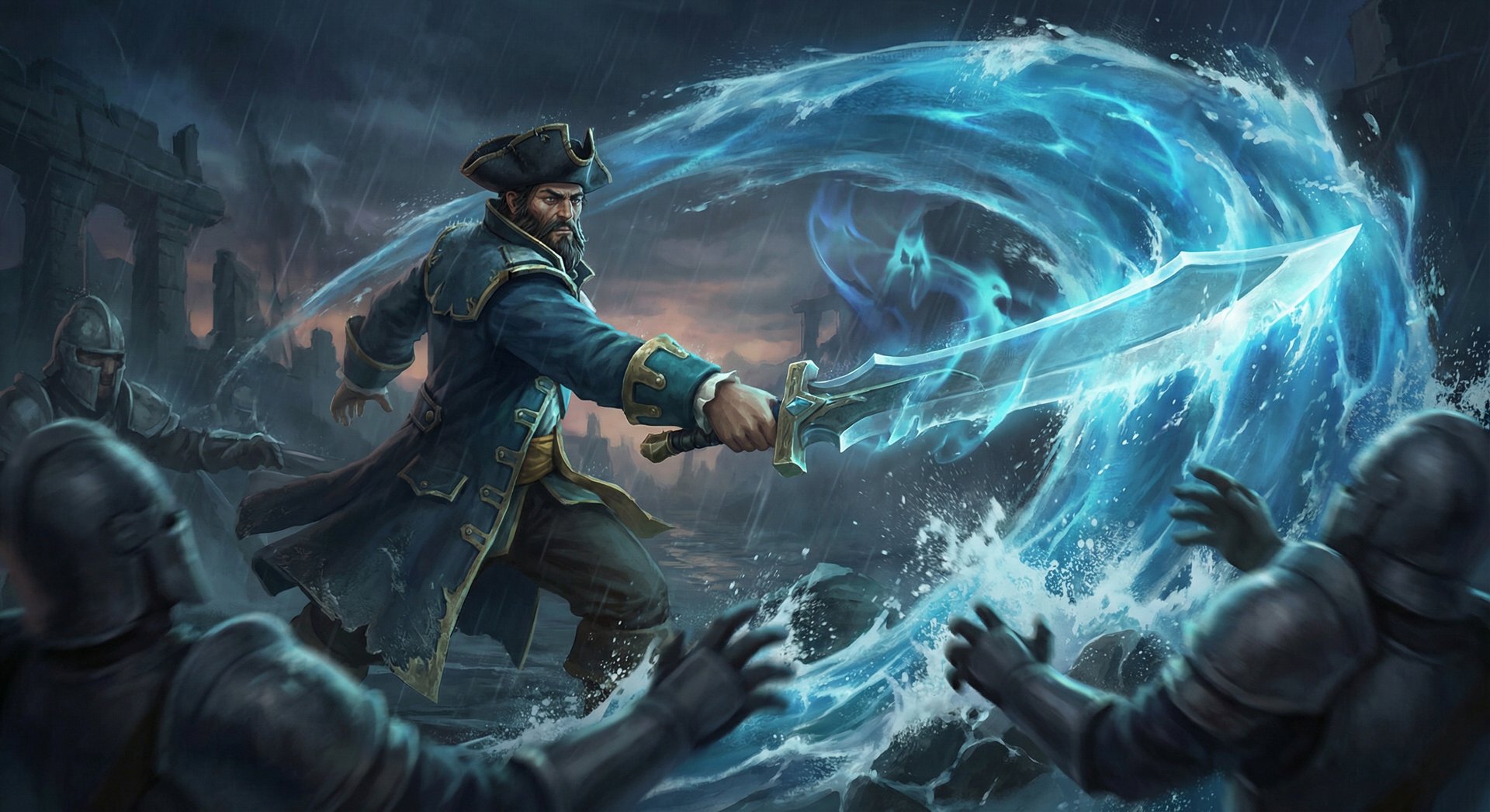 Kunkka using Tidebringer cleave hitting multiple enemies with a massive water wave
