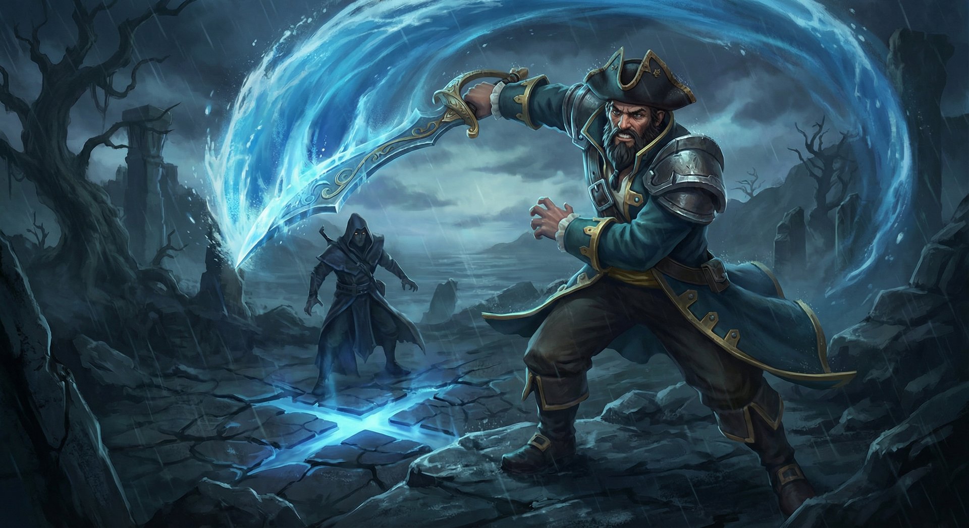 Kunkka performing advanced Tidebringer cleave technique with X Marks the Spot