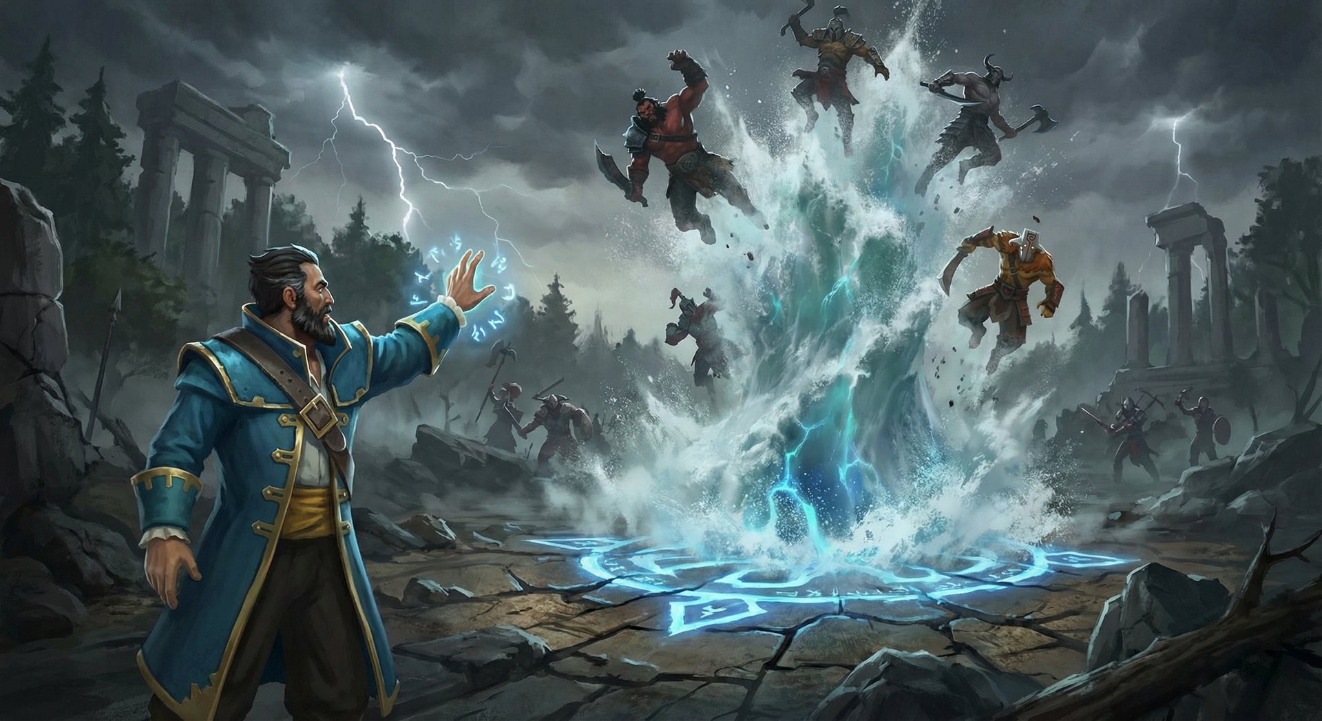 Kunkka casting Torrent ability, water erupting from the ground beneath enemy heroes