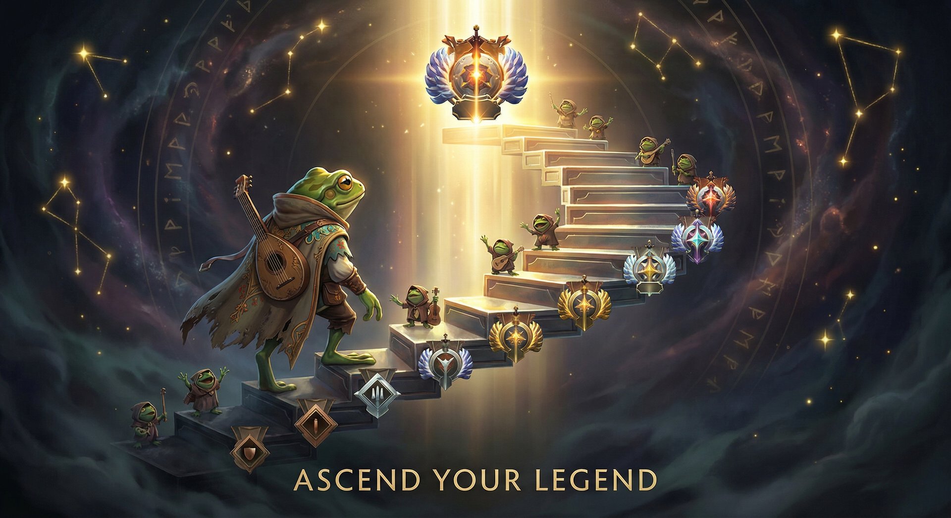 Largo ascending MMR rank medals from Herald to Immortal in Dota 2