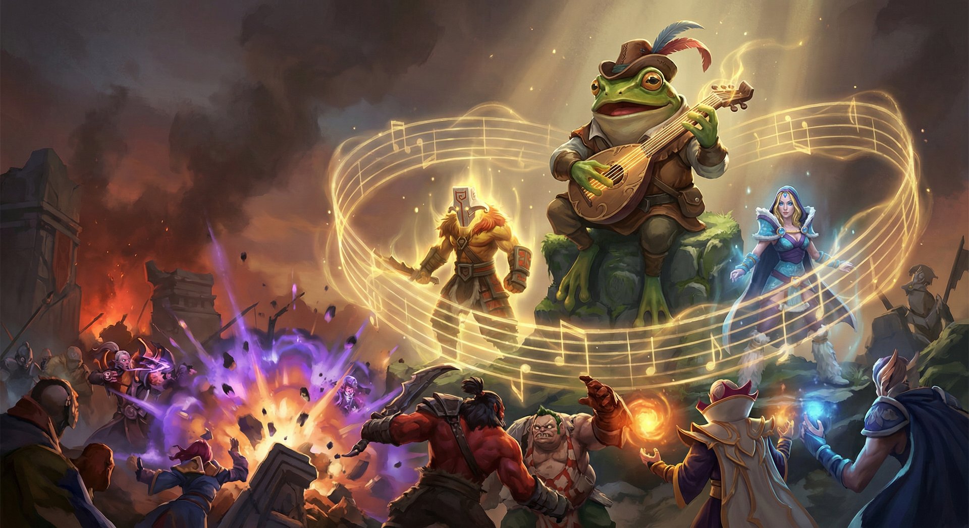 Largo playing his lute in a Dota 2 teamfight healing and buffing allies
